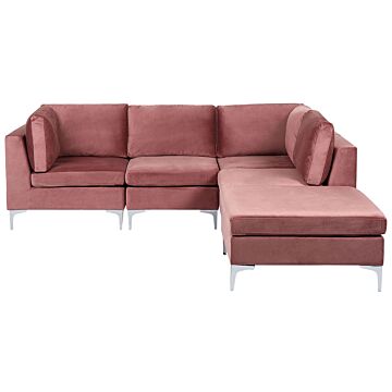 Left Hand Modular Corner Sofa Pink Velvet 4 Seater With Ottoman L-shaped Silver Metal Legs Glamour Style Beliani