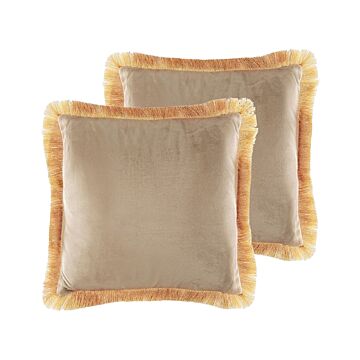 Set Of 2 Cushions Beige Velvet Cover 45 X 45 Cm Decorative Pillows Living Room Decor Beliani