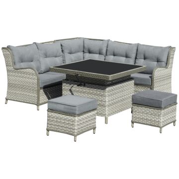Outsunny 7-seater Patio Pe Rattan Corner Sofa W/ Adjustable Convertible Rising Table, Wicker Sectional Conversation Furniture W/ Cushions, Grey