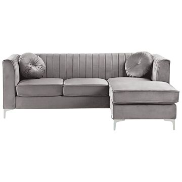 Corner Sofa Grey Velvet Upholstered 3 Seater Left Hand L-shaped Glamour Additional Pillows Beliani