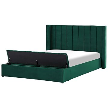 Eu Super King Size Panel Bed Green Velvet 6ft Slatted Base High Headrest With Storage Bench Beliani