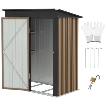 Outsunny Metal Garden Shed, Outdoor Lean-to Shed For Tool Motor Bike, With Adjustable Shelf, Lock, Gloves, 5'x3'x6', Brown