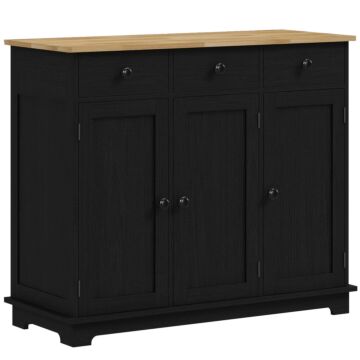 Homcom Sideboard With Rubberwood Top And Adjustable Shelves For Dining Room, Kitchen - Black Wood-effect