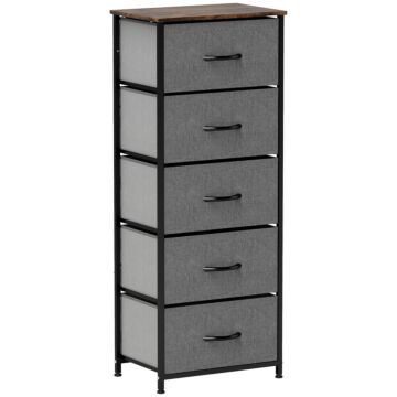 Homcom Fabric Chest Of Drawers, Industrial Bedroom Dresser With 5 Fabric Drawers, Steel Frame And Wooden Top For Nursery, Living Room, Hallway, Rustic Brown And Grey