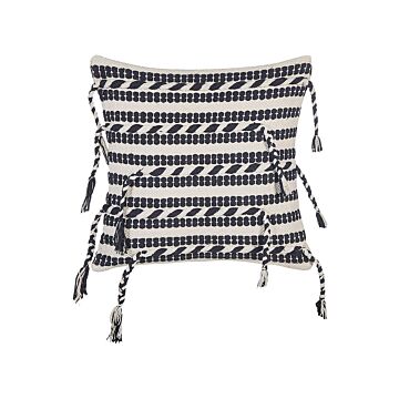Decorative Pillow Black And White Cotton 45 X 45 Cm Striped Pattern With Tassels Boho Design Throw Cushions Beliani