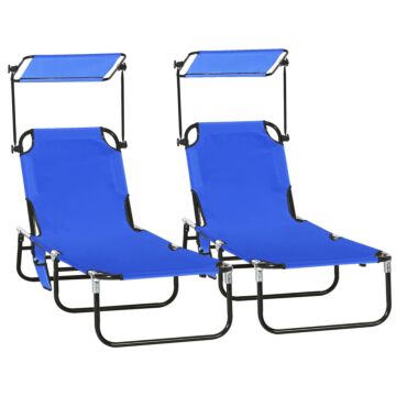 Outsunny 2 Piece Folding Sun Loungers With Canopy, Adjustable Recliner Garden Chairs With Side Pocket, Steel Frame And Breathable Mesh For Outdoor, Pool, Beach, Garden, Blue