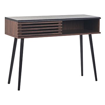 Console Table Dark Wood Finish 80 X 40 X 110 Cm Rustic Sliding Door Cabinet Beliani