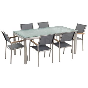 Garden Dining Set Grey With Cracked Glass Table Top 6 Seats 180 X 90 Cm Beliani