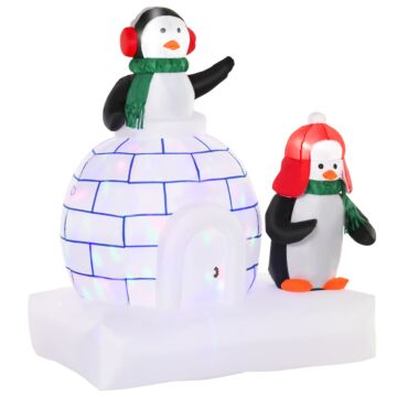 Homcom 1.5m Christmas Inflatable Two Penguins Wearing A Scarf With Ice House Blow Up Decor Home Indoors With Built-in Led Lights Toys In Lawn Garden