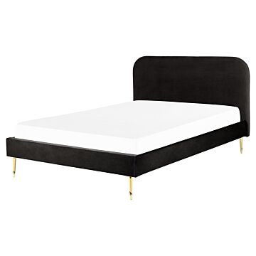 Bed Black Velvet Upholstery Eu King Size Golden Legs Headboard Slatted Frame 5.3 Ft Minimalist Design Beliani