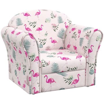 Aiyaplay Kids Armchair With Flamingo Design, Wooden Frame, For Bedroom, Playroom, Kids Room, Pink