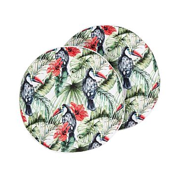 Set Of 2 Outdoor Cushions Multicolour Polyester 40 Cm Round Toucan Print Motif Pattern Scatter Pillow Garden Patio Beliani