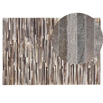 Area Rug Brown And Grey Cowhide Leather 140 X 200 Cm Striped Pattern Patchwork Beliani