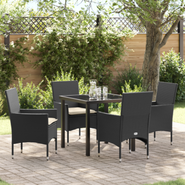 Vidaxl 5 Piece Garden Dining Set With Cushions Black Poly Rattan, Vidaxl Garden Table Black 80x80x73 Cm Tempered Glass