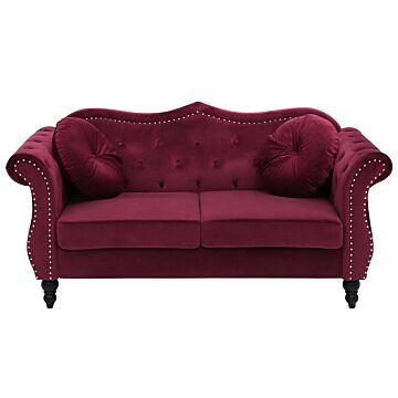 Sofa Red Velvet 2 Seater Nailhead Trim Button Tufted Throw Pillows Rolled Arms