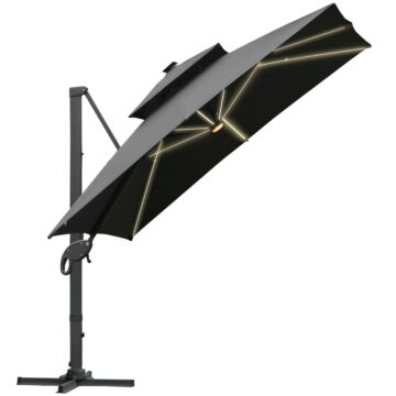 Outsunny 3 X 3(m) Cantilever Roma Parasol Garden Sun Umbrella Outdoor Patio With Led Solar Light Cross Base 360° Rotating For Backyard Dark Gray