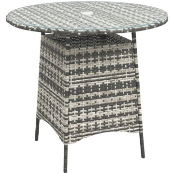Outsunny Wicker Garden Rattan Table, Patio Furniture Outdoor Coffee Table With Umbrella Hole And Tempered Glass Top, Grey