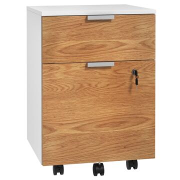 Homcom 2 Drawer Filing Cabinet With Lock And Wheels, Mobile File Cabinet With Adjustable Hanging Bars For A4 And Letter, Under Desk Office Cabinet, White And Natural Wood Effect