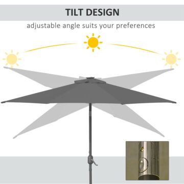 Outsunny 2.7m Garden Parasol, Patio Led Umbrella With Push Button Tilt/crank 8 Rib Sun Shade For Outdoor Table Market Umbrella Grey