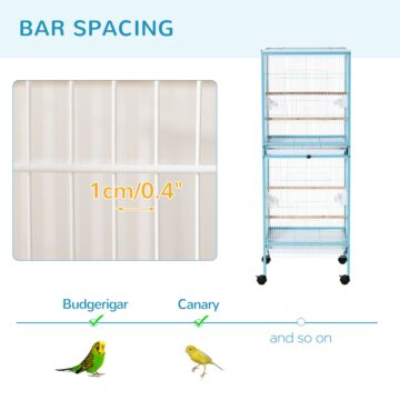 Pawhut 2 In 1 Large Bird Cage Aviary For Finch Canaries, Budgies With Wheels, Slide-out Trays, Wood Perch, Food Containers, Light Blue