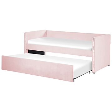 Trundle Bed Light Pink Velvet Eu Single Wooden Slats Daybed Glamour Decorative Studs Beliani