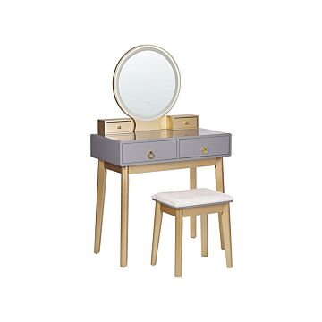 Dressing Table Grey And Gold Mdf 4 Drawers Led Mirror Stool Living Room Furniture Glam Design Beliani