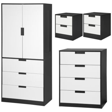 Homcom Bedroom Furniture Set, Wardrobe With Hanging Rod, 4 Drawer Chest Of Drawers, 2 Bedside Tables With Storage, White And Black