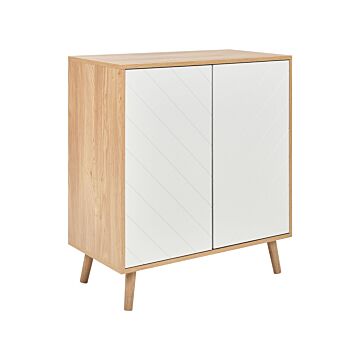 Sideboard White And Light Wood Mdf Particle Board Wood Veneer 2 Door With Shelves Scandinavian Bedroom Storage Solution Beliani