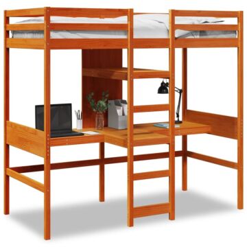 Vidaxl Loft Bed Frame With Desk And Shelves Wax Brown 90x200cm Solid Wood Pine