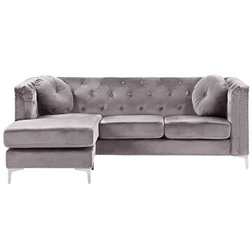 Corner Sofa Grey Velvet Upholstered 3 Seater Right Hand L-shaped Glamour Additional Pillows With Tufting And Nailhead Trims Beliani