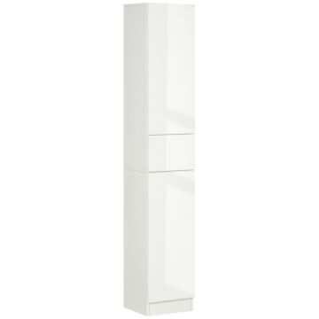 Kleankin Tall Bathroom Cabinet With Adjustable Shelves, High Gloss Storage Cupboard, Freestanding Tallboy With Storage Drawer, White
