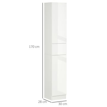 Kleankin Tall Bathroom Cabinet With Adjustable Shelves, High Gloss Storage Cupboard, Freestanding Tallboy With Storage Drawer, White