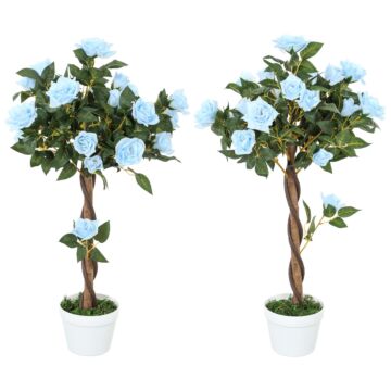 Outsunny Set Of 2 Artificial Plants White Rose Floral In Pot, Fake Plants For Home Indoor Outdoor Decor, 90cm, Light Blue