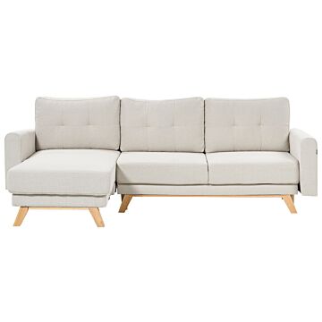 Right Corner Sofa Beige Fabric Upholstered With Sleeper Function Pull Out Cushioned Back Wooden Legs Beliani