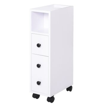 Kleankin Slimline Bathroom Storage Unit W/ 2 Drawers 2 Open Compartments Wheels Handles Freestanding Compact Home Office Furniture White
