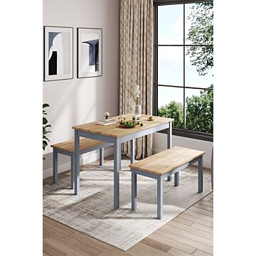 3pcs Set Modern Pine Wood Dining Table And Benches With Grey Legs
