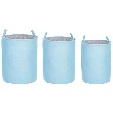 Set Of 3 Storage Basket Blue Polyester Cotton With Drawstring Cover Laundry Bin Practical Accessories Beliani