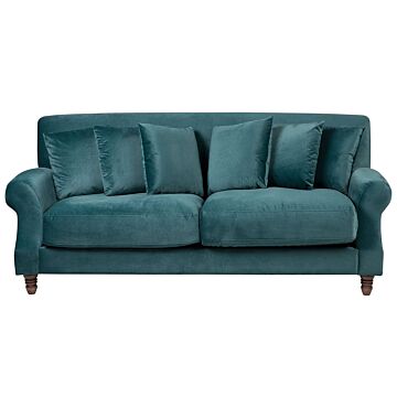 Sofa With 6 Pillows Blue Velvet Upholstery Light Wood Legs 3 Seater Beliani