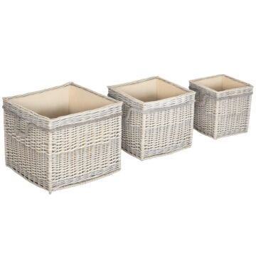 Outsunny Set Of 3 Log Baskets For Wood Burner Indoor, Round Torage Basket With Lining And Rope Handles For Fireside Storage, Blankets, Beige