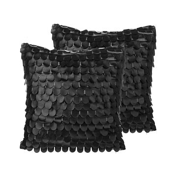 Set Of 2 Decorative Cushions Black Faux Leather 45 X 45 Cm Scale Effect Decor Accessories Beliani