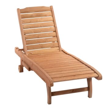 Outsunny Outdoor Wooden Lounger Chair, Sun Bed With Built-in Table, Adjustable Backrest And Wheels, Red Brown