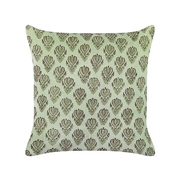 Decorative Cushion Green Velvet And Cotton 45 X 45 Cm Floral Pattern Block Printed Boho Decor Accessories Beliani