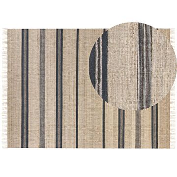 Area Rug Beige And Grey Jute 160 X 230 Cm Rectangular With Tassels Striped Pattern Handwoven Boho Style Hallway Beliani