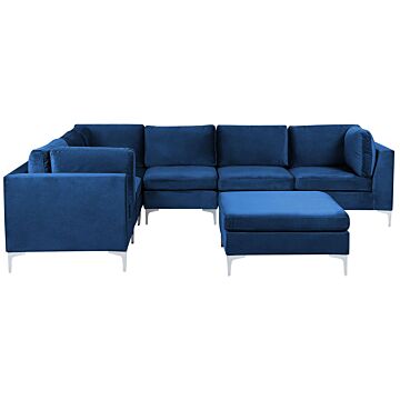 Right Hand Modular Corner Sofa Blue Velvet 6 Seater With Ottoman L-shaped Silver Metal Legs Glamour Style Beliani