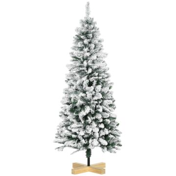 Homcom 5 Ft Snow Flocked Artificial Christmas Tree, Xmas Pencil Tree With Realistic Branches, Auto Open, Pinewood Base, Green