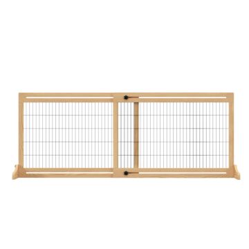 Pawhut Adjustable Wooden Pet Gate, Freestanding Dog Barrier Fence With 2 Panels For Doorway, Hallway, 69h X 104-183 Cm, Natural