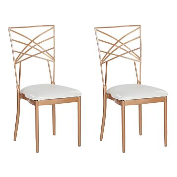 Set Of 2 Dining Chairs Gold Metal Faux Leather White Seat Pad Accent Industrial Glam Style Beliani