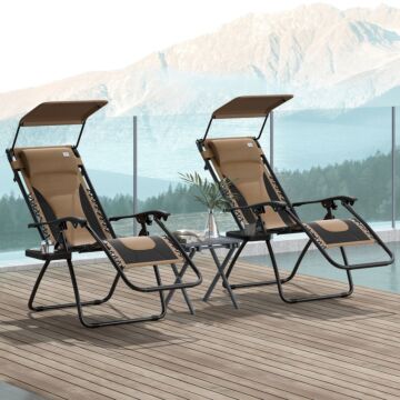Outsunny Zero Gravity Lounger Chair Set Of 2, Folding Reclining Patio Chair With Shade Cover, Cup Holder, Soft Cushion And Headrest For Poolside, Camping, Brown