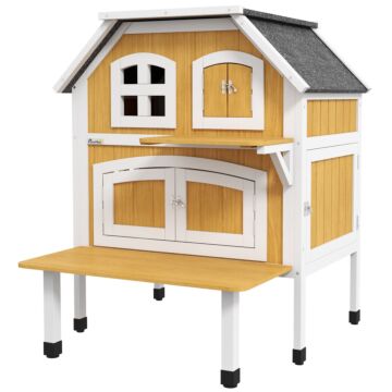 Pawhut Outdoor Cat Shelter 2 Tiers Wooden Feral Cat House With Openable Asphalt Roof, Escape Doors, Terrace, For 1-2 Cats