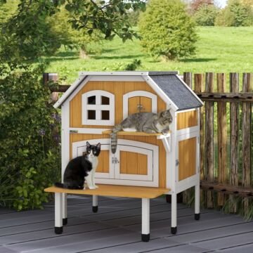 Pawhut Outdoor Cat Shelter 2 Tiers Wooden Feral Cat House With Openable Asphalt Roof, Escape Doors, For 1-2 Cats